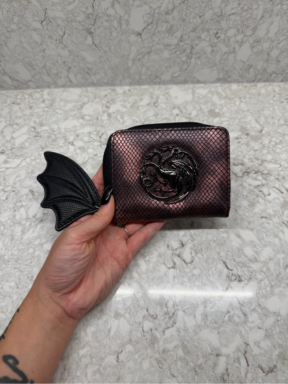 Metallic Pink Dragon Emblem Zip Wallet with Bat-Wing Pull
